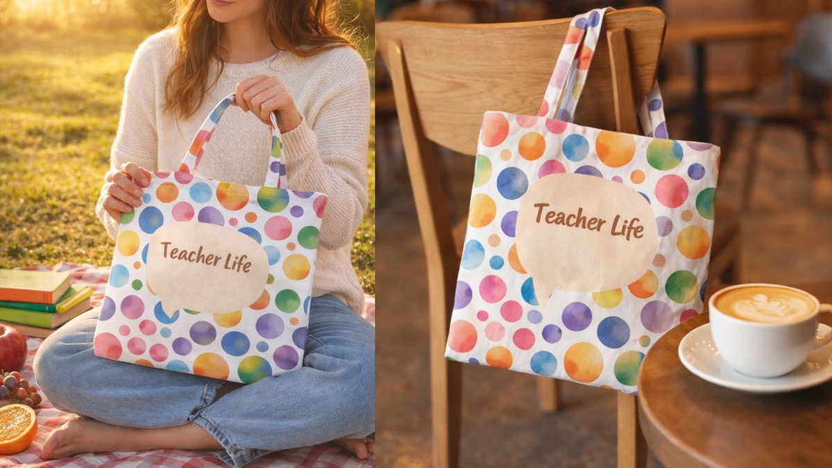 Teacher Life Watercolor Polka Dot Tote Bag – Aesthetic Classroom School Bag