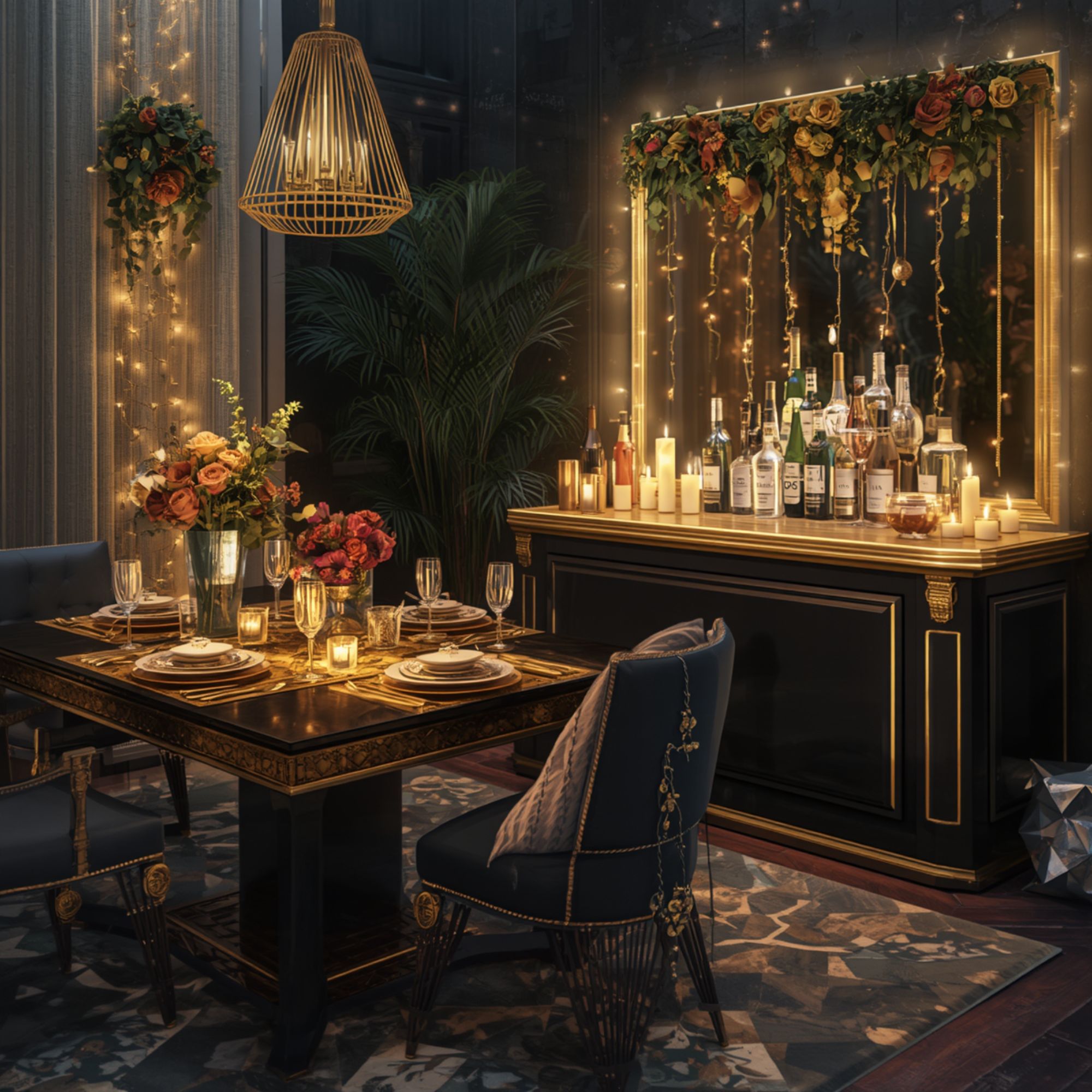 New Year’s Eve Dinner Party Decor at Home: An Intimate, Elegant Table and Bar Corner new year’s eve dinner 2