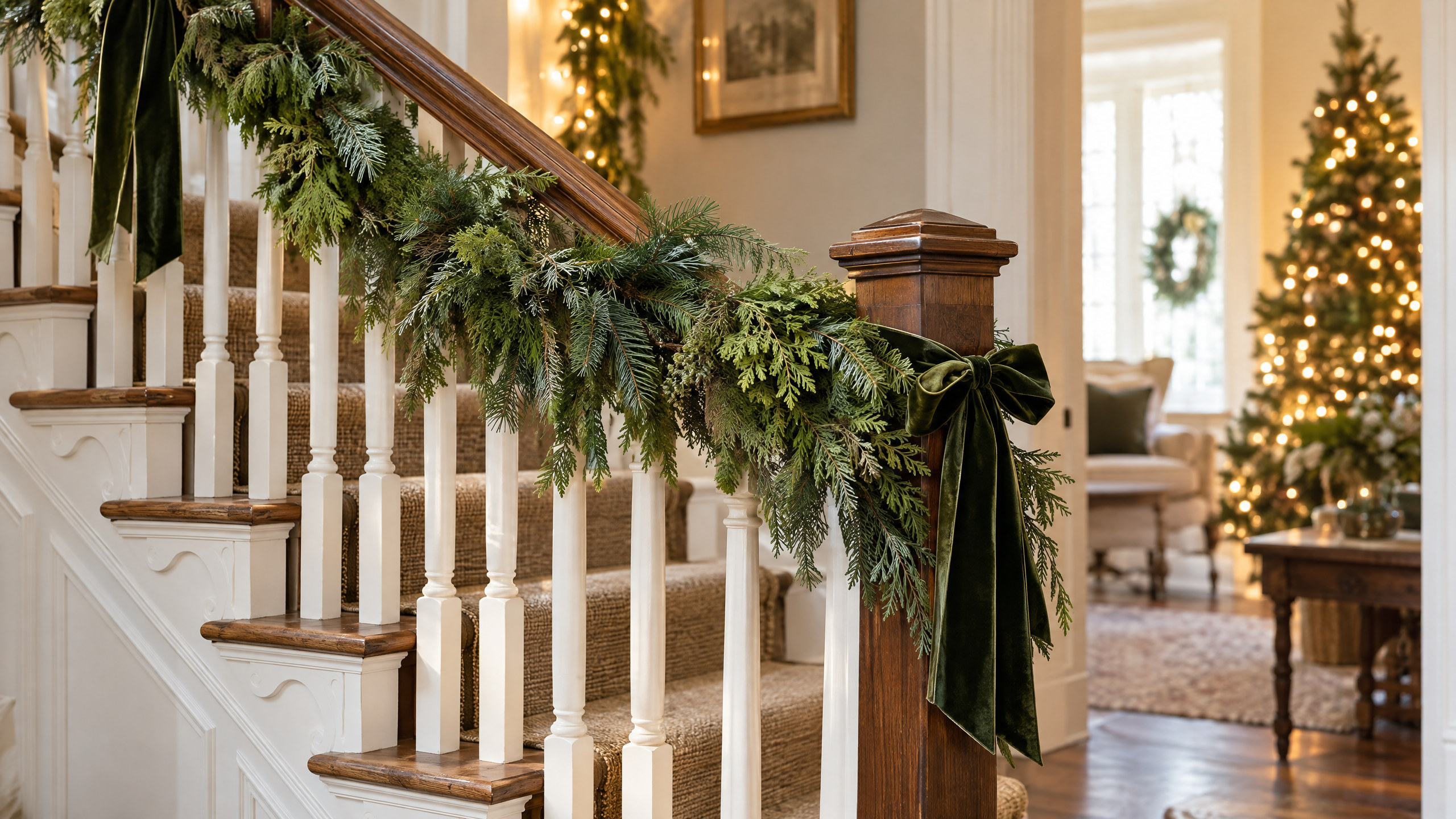 How to Decorate a Christmas Staircase Without Blocking Handrails or Treads