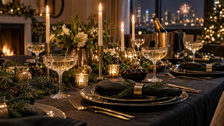 New Year’s Eve Dinner Party Decor at Home: An Intimate, Elegant Table and Bar Corner